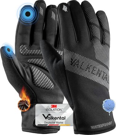 Водонепроникні велосипедні рукавички Valkental® GloRider з ізоляцією 3M | З підкладкою та зчепленням | Зимові та перехідні рукавички [Чоловічі та жіночі] з функцією сенсорного екрану - Чорний XL (до -4°C, 4-шарові)