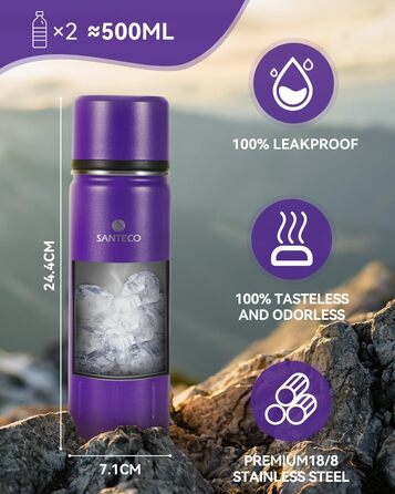 Термос SANTECO з нержавіючої сталі 1л/500мл, ізольована пляшка для напоїв із чашкою, герметичний, для кави, чаю, дітей, спорту, BPA Free, зберігає холод 24 год, тепло 12 год