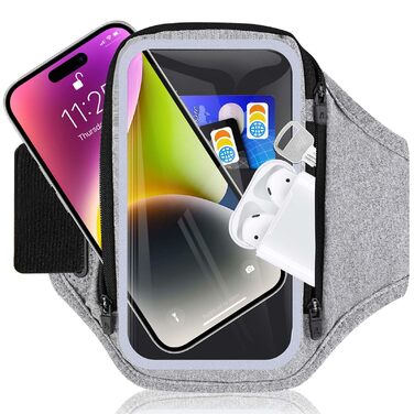 Спортивний браслет для телефону з кишенею для навушників, чохол для телефону для бігу 6.9 дюймів, кріплення на руку для iPhone 17 16 15, спортивний браслет, знімний тримач для телефону, для джоггінгу (світло-сірий)