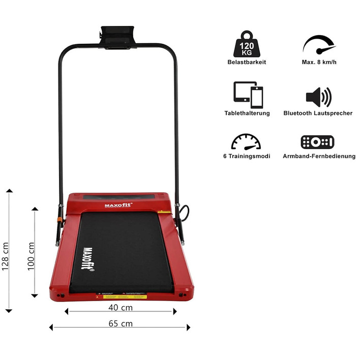 MAXOfit Mini Laufband MF-2 з Bluetooth, пульт дистанційного керування, до 8 км/год, компактний, складний, з тримачем для планшета (Червоний)