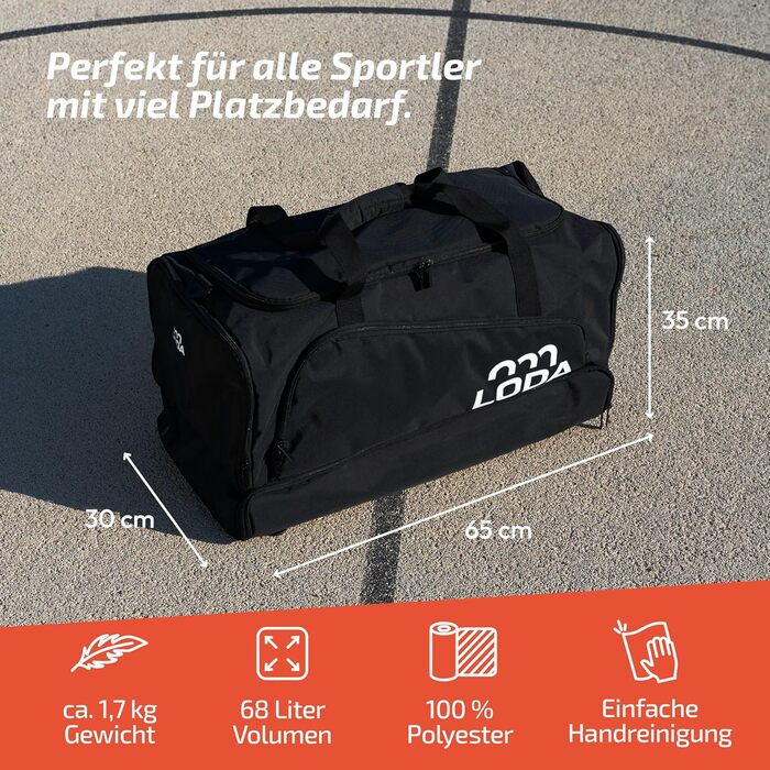 Спортивна сумка LODA Team (68L) з відділенням для взуття, мокрою одежею, функцією рюкзака та кишенею для цінних речей. Ідеальна для футболу, гандболу, тренувань та фітнесу. Сумка для спорту, подорожей та відпочинку.