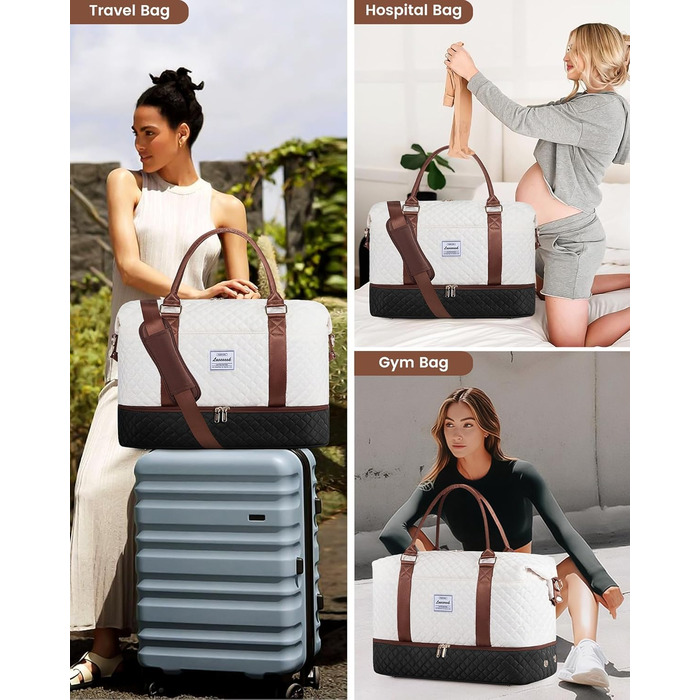 Спортивна сумка LOVEVOOK для жінок з відділенням для взуття, ручна поклажа для подорожей, сумка-мішок для вихідних, сітка для Gym, пляжу, сауни, кемпінгу (XL, 2 шт., Бежевий, Чорний, Коричневий)