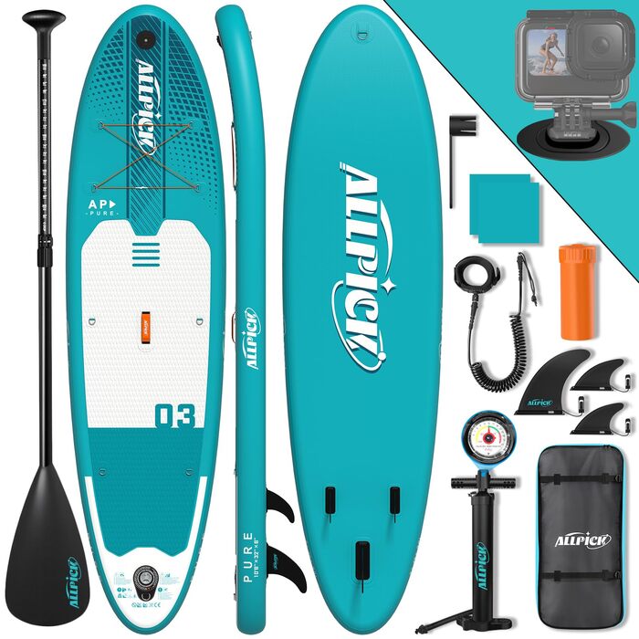 Надувний SUP-борд ALLPICK Premium Set: Комплектація для SUP-серфінгу, камера, аксесуари, регульоване весло, 200 кг, серо-зелений