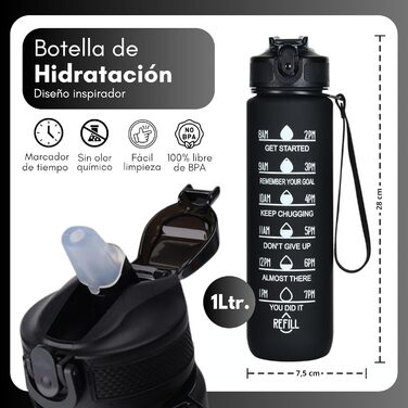 Спортивна пляшка Marludex 1 л з чохлом і трубочкою, BPA Free, мотиваційна пляшка для води