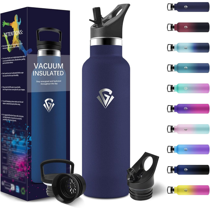 Термофляга 500 мл, нержавіюча сталь, з соломкою, без BPA, подвійна ізоляція, для води, термокружка, витримує газовані напої, темно-синій