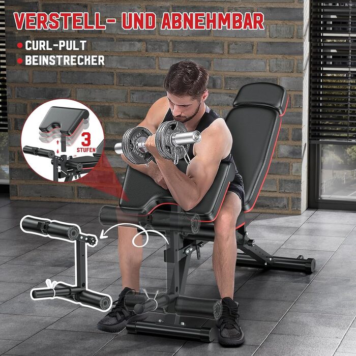 Регульована лава для тренувань XDDIAS з блоком для згинання ніг та підтримуючим валиком, до 410 кг, 10 положень спинки, для дому, багатофункціональна