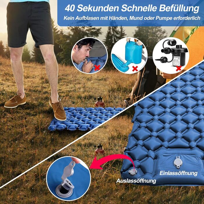 Isomatte HVIERO Саморозкладається, надувна, для кемпінгу, рюкзак, подорожі, туризм. Легка, компактна, блакитна.