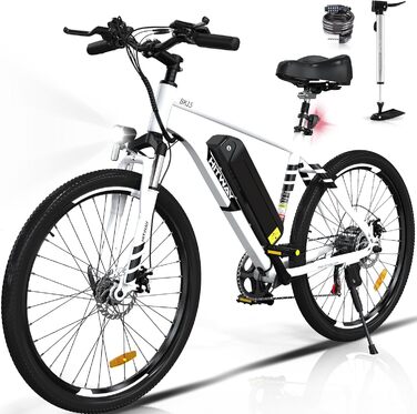 Електровелосипед HITWAY 26'' для бездоріжжя, 250Вт, 36В 12А·год знімна батарея, 7 швидкостей, запас ходу 35-90 км, білий, StVZO Pedelec