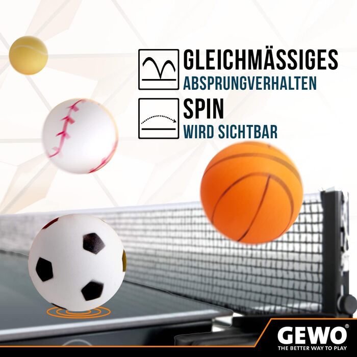 Набір тенісних м'ячів GEWO Sports-Mix для настільного тенісу - 12 кольорових м'ячів з пластику, діаметр 40+ мм, різні дизайни