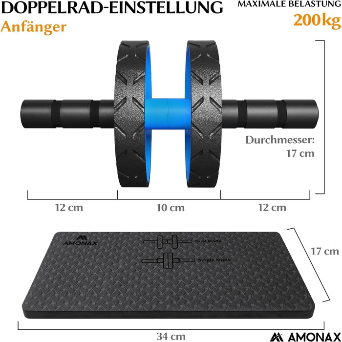 Ролер для пресу Amonax, тренажер для живота, колісо для пресу з нековзним покриттям, з м'яким килимком для колін, для чоловіків та жінок, тренування пресу (Блакитний)