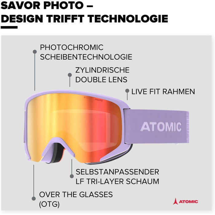 Гірськолижна маска ATOMIC Savor Photo з фотохромною лінзою, 100% UV-захист, антицарапка, для сноуборду та лиж, лавандова