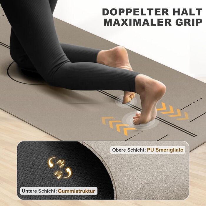 Килимок для йоги та пілатеса з еко-каучуку та TPE, протиковзкий з лініями розмітки, бежевий, 4мм, з ременем для перенесення