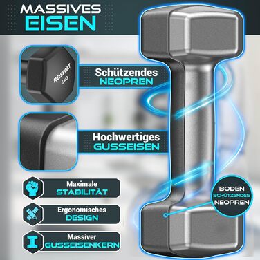 Набір гантелей Hantel-Set: 1 кг - 5 кг, 12 кг або 18 кг зі стійкою та 3 еластичні стрічки. Нековзкі неопренові гантелі для жінок та чоловіків. Кольори: пурпурний, туманно-сірий, чорний (18 кг)