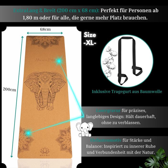 Кікура Йога-мат з корку та натурального каучуку з мотивом слона – Нековзна преміум-мат, 4 мм, з ремінком – Екологічна, 3 розміри (M, L, XL), XL - 200x68x0,4 см