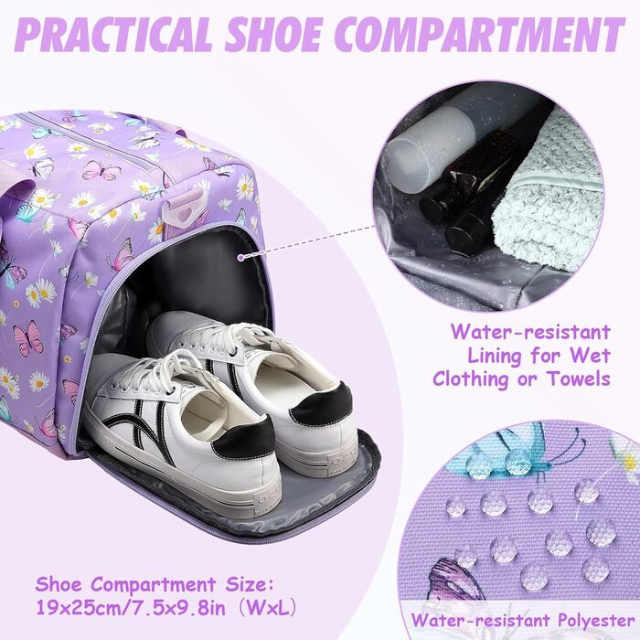 Спортивна сумка для дітей, дорожня сумка, мішок-сумка, спортивна сумка для плавання, для хлопчиків та дівчаток, водовідштовхувальна, з відділенням для взуття (фіолетовий метелик)
