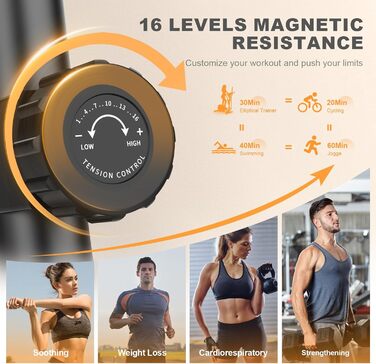 Еліптичний тренажер Neezee з Bluetooth, 16 рівнів опору, 6 кг маховиком, LCD-монітором та датчиком пульсу (Оранжевий + Чорний)