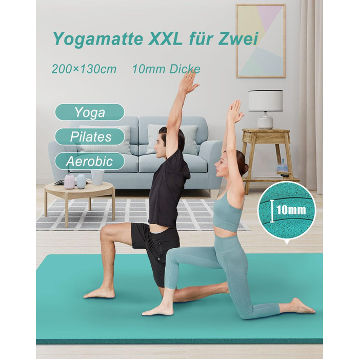 Йога мат RYTMAT XXL 200x130 см: фітнес килимок для йоги, фітнесу, занять з дітьми та літніми людьми, товщина 10/15/20 мм, бірюзовий