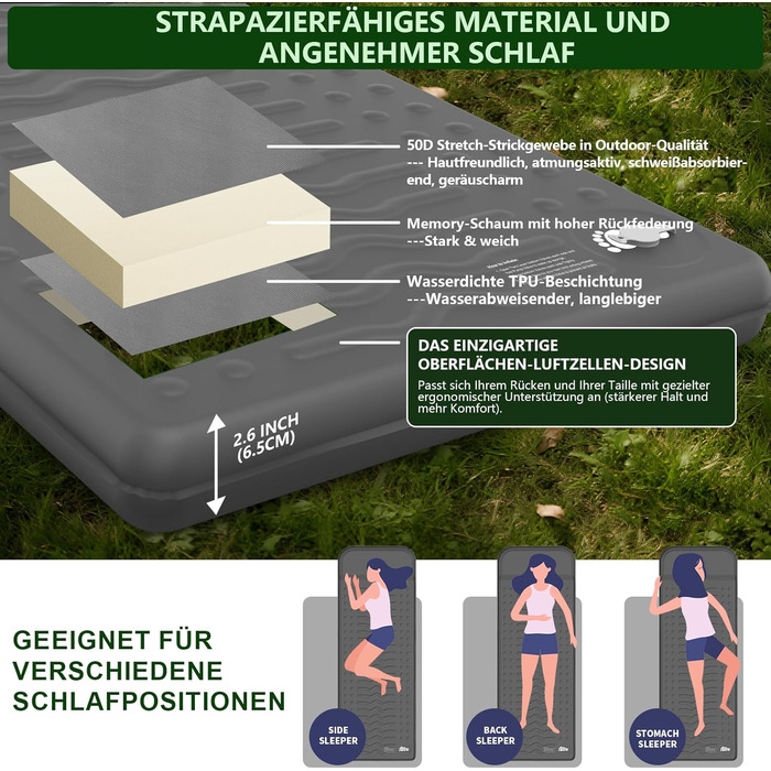 Кемпінговий килимок HiiPeak Isomatte R-Wert 9,5 з подушкою, ізольований, для зими та літа, зручний для кемпінгу, відпочинку на природі, піших прогулянок та наметів (сірий)