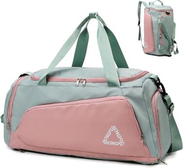 Спортивна сумка для жінок 45L з відділенням для взуття, мокрою сумкою, водонепроникна, для подорожей, спортзалу, басейну. Сумка-рюкзак для фітнесу, спорту, подорожей. Зелена/Рожева.