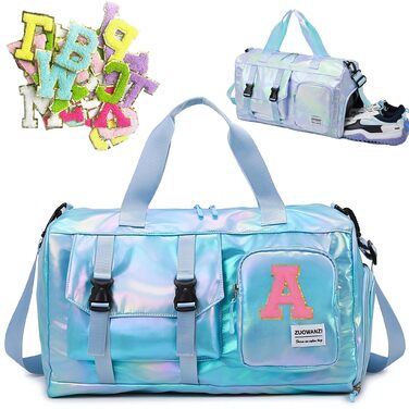 Спортивна сумка для фітнесу та подорожей для жінок і чоловіків з відділенням для взуття та вологих речей, універсальна сумка для залу та плавання + набір наклейок-літер Chenille (26 шт, сині)