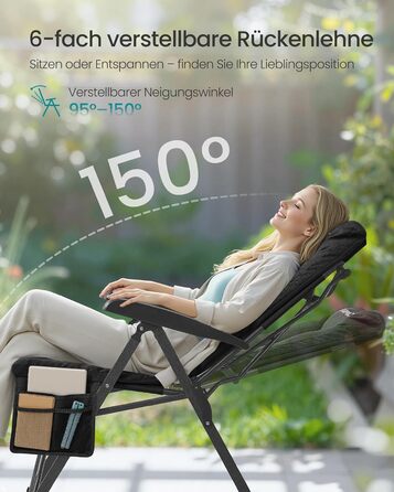 Складний туристичний стілець SONGMICS для відпочинку та риболовлі, чорний, з регульованою спинкою 95°-150°, з підстаканником та кишенею