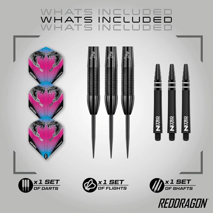 Дротики Red Dragon Peter Wright Snakebite 3, вольфрамові, 22 г, з оперенням і стрижнями