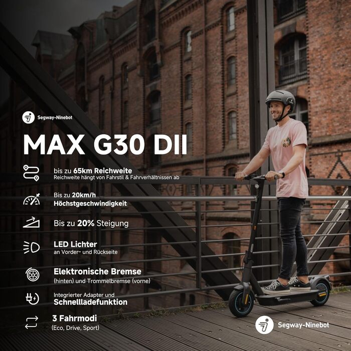 Електросамокат Segway-Ninebot MAX G30D II для дорослих, з дорожньою сертифікацією, 20 км/год, запас ходу 65 км, 2021, сірий