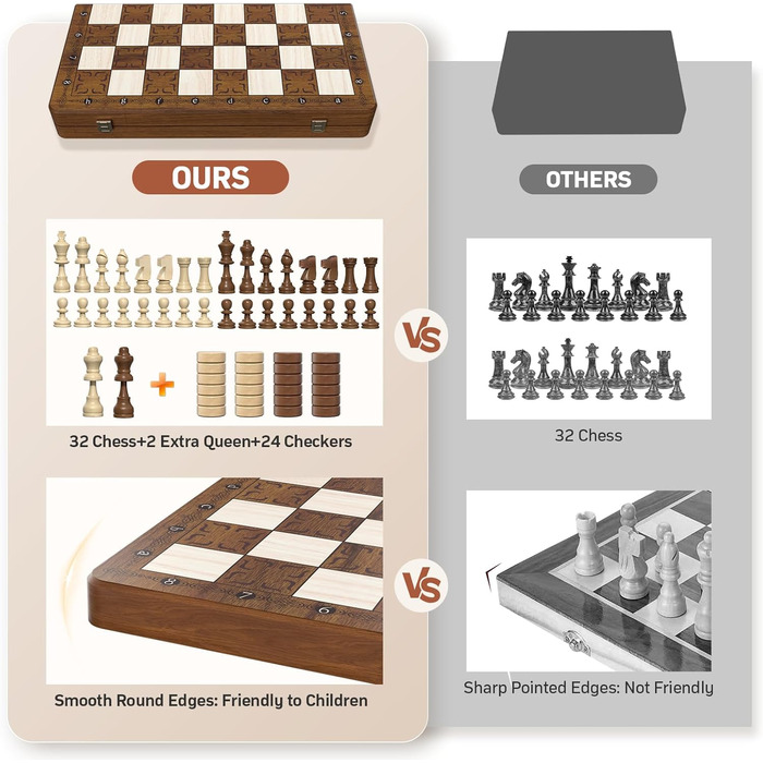 Магнітна шахова дошка 2в1 Paom 40.5x40.5 см: дерев'яна, складана, з фігурами для дорослих та дітей