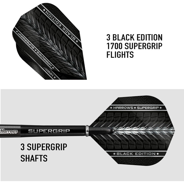 Дартс Harrows SUPERGRIP Black Edition 90% вольфрам, 21-30 г, з наконечником із сталі, комплект із супергріп-шахтами і крилами