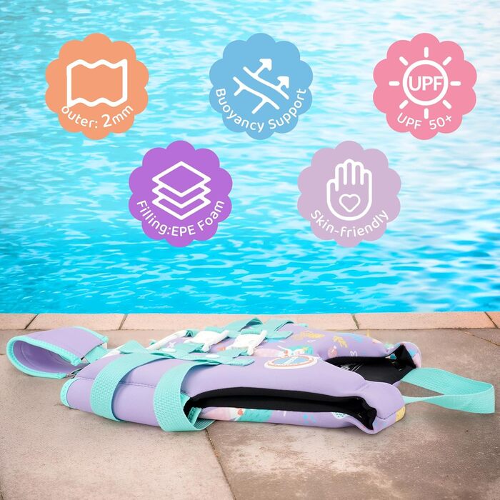 Дитячий жилет для плавання Boglia Kinder, 1-9 років, регульований ремінь безпеки, фіолетовий, русалка