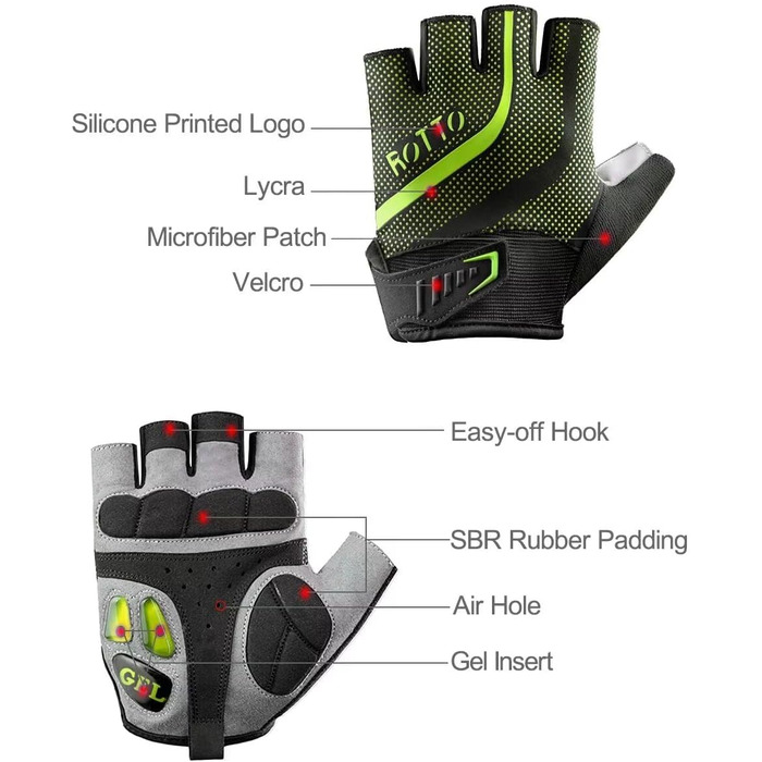 ROTTO Велосипедні рукавички напівпальці унісекс для шосе, фітнесу, даунхілу з гелевою амортизацією (4-Чорний-Зелений, L)