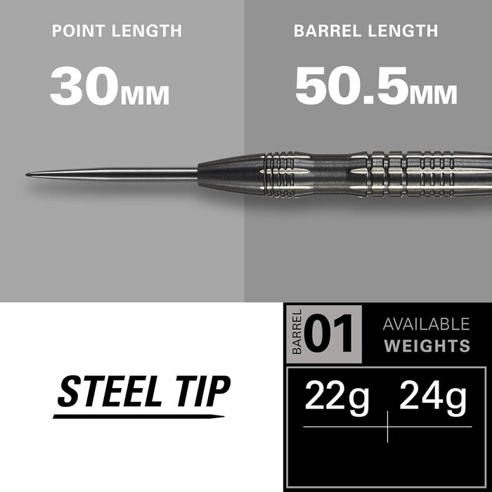 Професійні дартси Target Phil Taylor Power 8-Zero 1, 80% вольфрам, 21/23/25 г, зі сталевими наконечниками, чорний, з кейсом