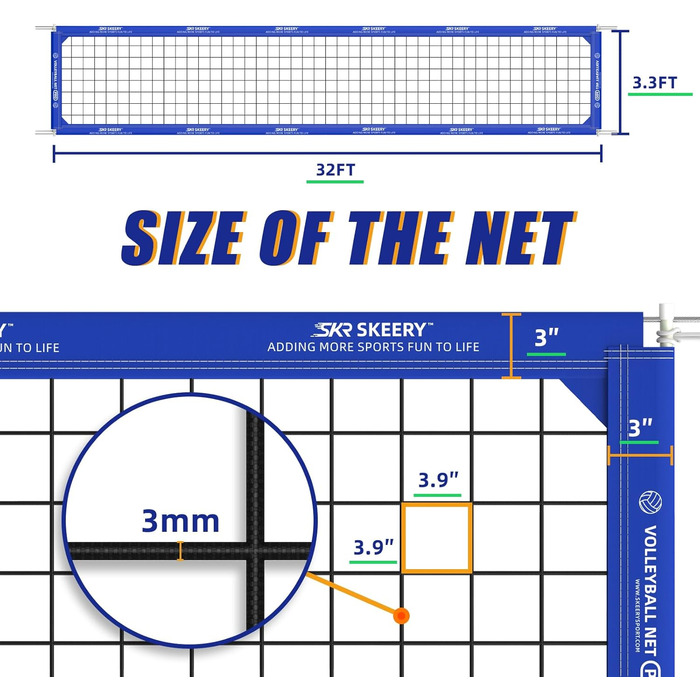Професійний волейбольний комплект Weiss: сітка 32x3.3FT з двома сталевими тросами та бічними стійками для двору, школи, майданчика