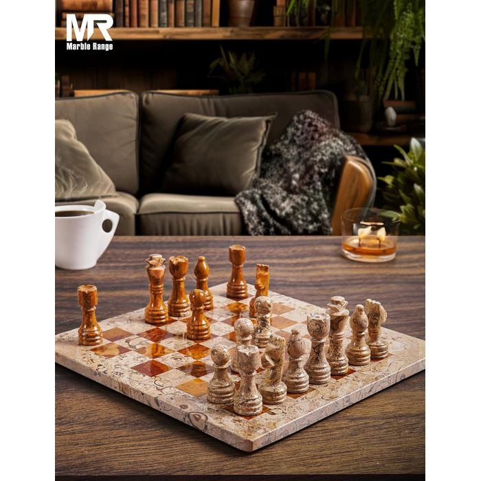 Шаховий набір з мармуру для дорослих, ручної роботи, 32 фігури, 2 додаткові королеви, коробка для зберігання, розкішна подорожна гра, елегантний подарунок для дому (кораловий & темно-коричневий)