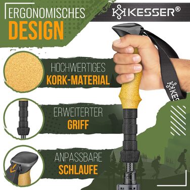 Трекінгові палиці KESSER® алюмінієві/карбонові з корковими ручками для хайкінгу, скандинавської ходьби, лиж та альпінізму (115-135 см) + ліхтарик для кемпінгу