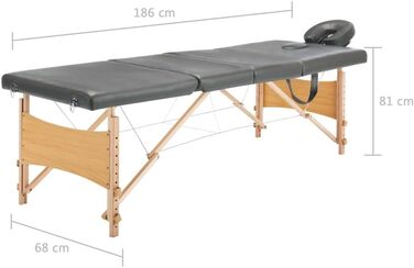 Масажний стіл vidaXL 4-секційний, з регулюванням висоти, сумкою, антрацитовий, 186x68 см, дерев'яний каркас, косметологічна та терапевтична кушетка