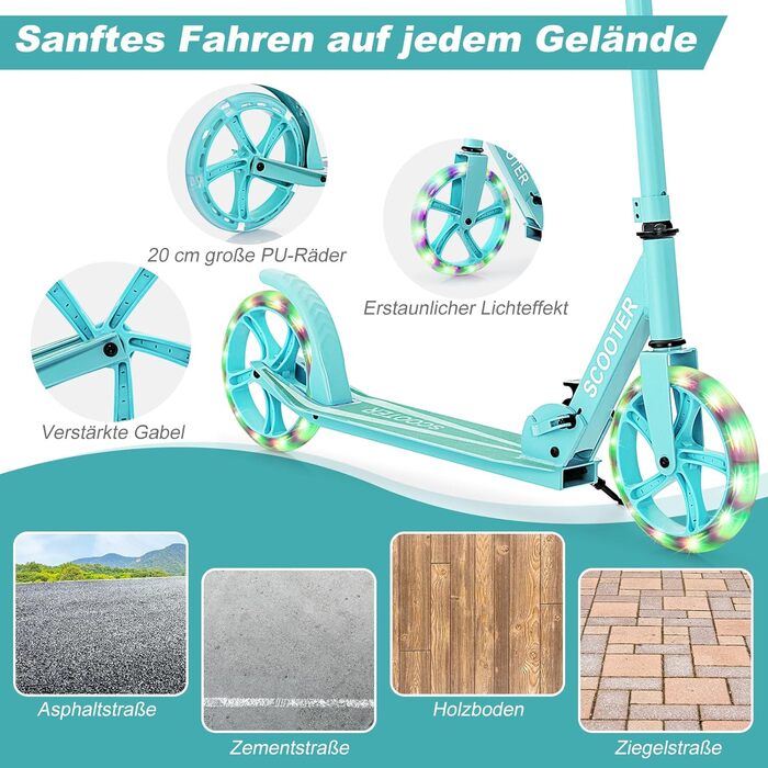 Дитячий трюковий самокат GOPLUS Roller Kinder 10 років, 3-ступенева регулювання висоти, легкий алюмінієвий, складаний, з LED-колесами, гальмом на задньому колесі, ременем та підставкою, до 100 кг, зелений