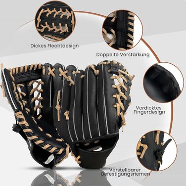 Рукавиця для бейсболу та софтболу з м'ячем, дитяча та доросла, з потовщеним матеріалом, для тренувань та змагань (Чорно-коричнева, 11.5 дюймів)
