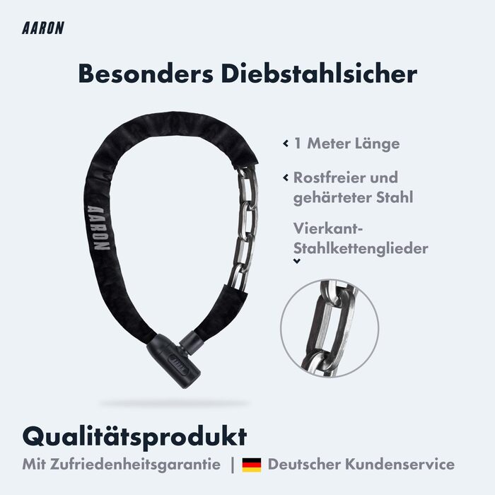 Захисний ланцюговий замок для велосипеда AARON Lock One, сталевий протикрадіжний замок високого рівня безпеки для електровелосипеда, гірського, шосейного та прогулянкового велосипеда, чорний