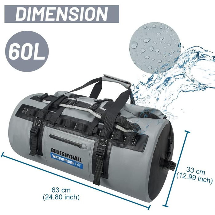 Водонепроникний мішок Blueshyhall Dry Bag 30L (60L) - рюкзак, ролтоп, для каякінгу, кемпінгу, риболовлі, плавання, серфінгу, рафтингу (сірий)