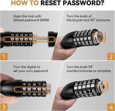 Замки для велосипедів: надійний велозамок з кодовим замком, 90 см, рівень безпеки 8, 5-значний код, для велосипеда, мотоцикла, ролера, дверей (чорний та жовтий)