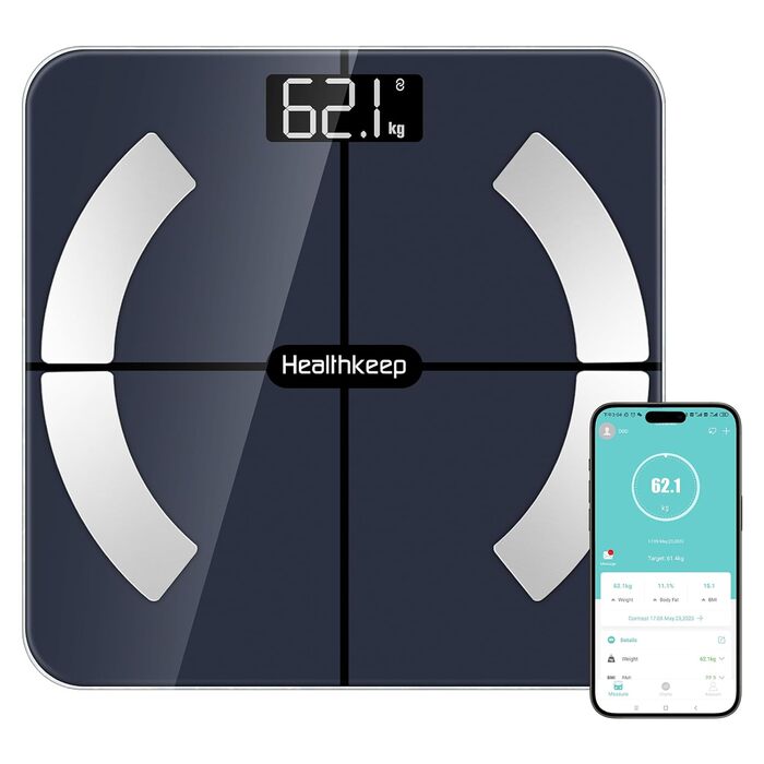 Healthkeep розумні ваги для аналізу складу тіла, Bluetooth, імпедансний вимірювач, висока точність, 13 показників, додаток, до 180 кг, 28x28 см