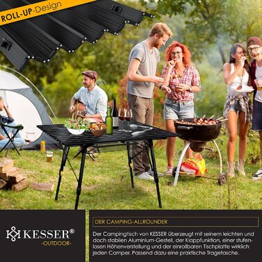 Стол для кемпінгу KESSER® розкладний, з алюмінієвим каркасом, регулювання висоти, 120x70 см, до 100 кг, з сумкою та сітчастою кишенею, чорний