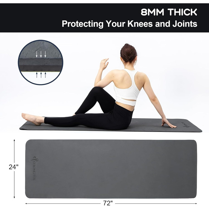 Килимок для йоги StrongTek TPE 183x61x0,6 см, нековзкий, легкий, з ременем для перенесення, для йоги, пілатесу та фітнесу, чорний/сірий