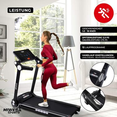 Електрична бігова доріжка Miweba Sports HT3000, 3,5 к.с., 16 км/год, нахил до 15%, навантаження 120 кг, з додатком, складана, велика бігова поверхня, 12 програм, для дому