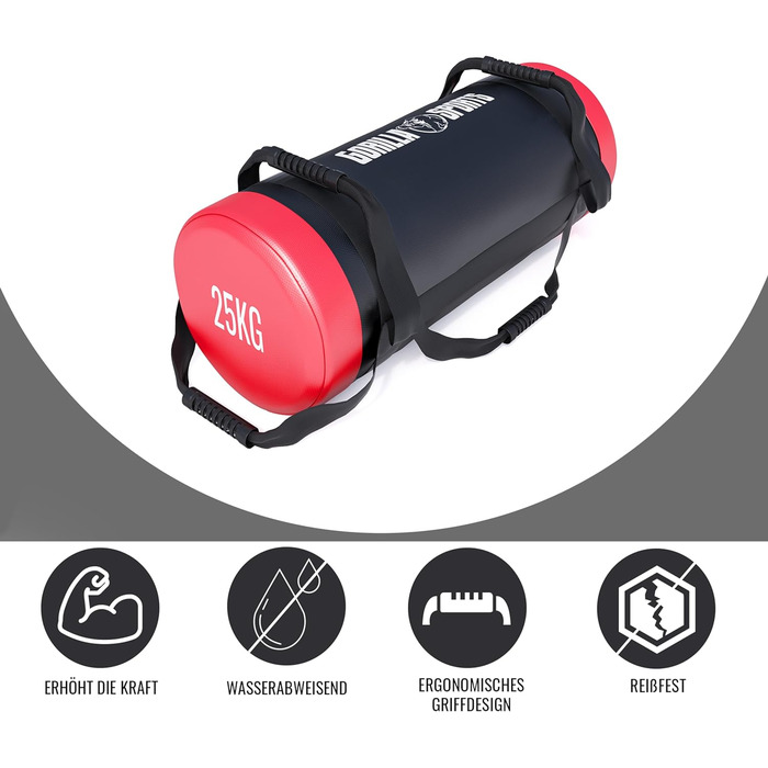 GORILLA SPORTS Фітнес Power Bag 5-30 кг, нековзні ручки, наповнений, штучна шкіра – мішок для кросфіту, тренувань, силових вправ, спортзалу