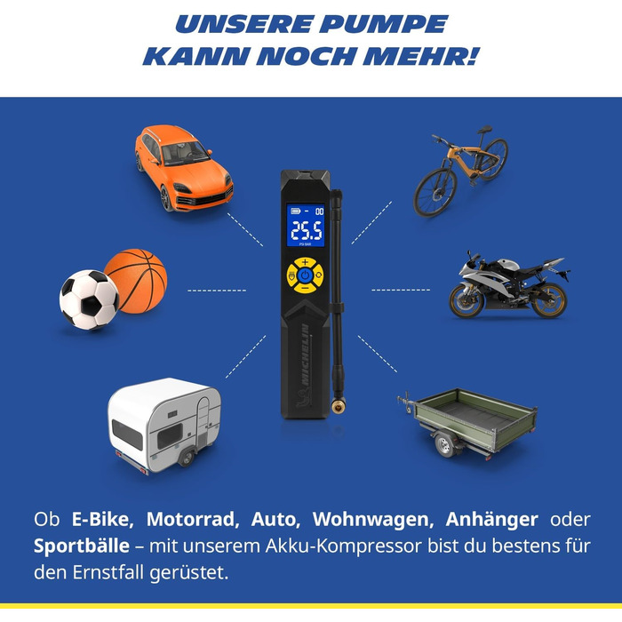 Міні-компресор Michelin Akku 10 Bar – портативний, цифровий | Для авто, велосипеда, електровелосипеда, мотоцикла, кемпера та причепа | 150 PSI, 7.4 V / 2500 mAH | LCD-дисплей, LED-підсвічування