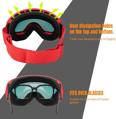 Окуляри для сноуборду Queshark: подвійна сферична лінза, UV400, антизапітніння, сумісність з шоломом, чорний & коричневий (червоний)