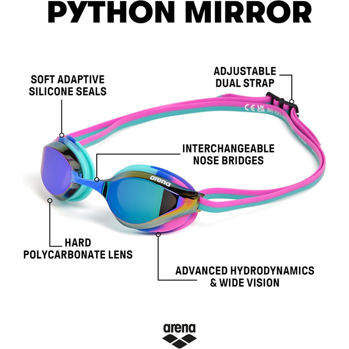 Окуляри для плавання ARENA Python Mirror Racing (1 шт) Унісекс, бірюзово-фуксієві