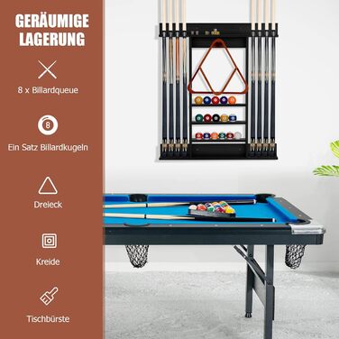 Стійка для київ GYMAX для 8 київ та аксесуарів для більярду, настінна, з дерева, для більярдних кімнат та клубів, 79 x 8 x 91 см (чорний)